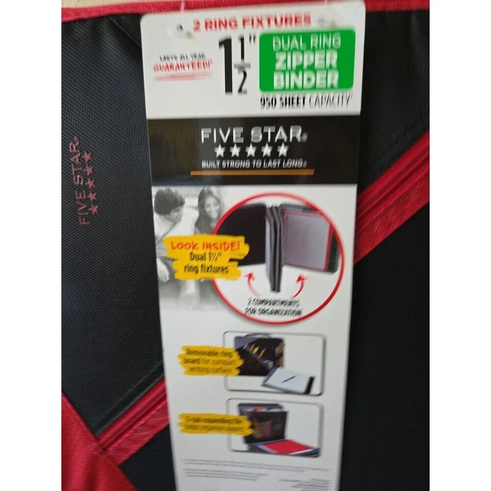 NEW Mead Five Star Dual Ring Zipper Binder 1.5 Inch 950 Sheets Retro Red Black